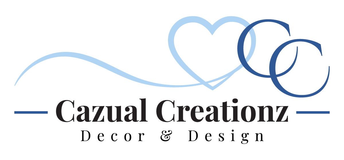 Logo with blue heart and text for a decor and design brand.