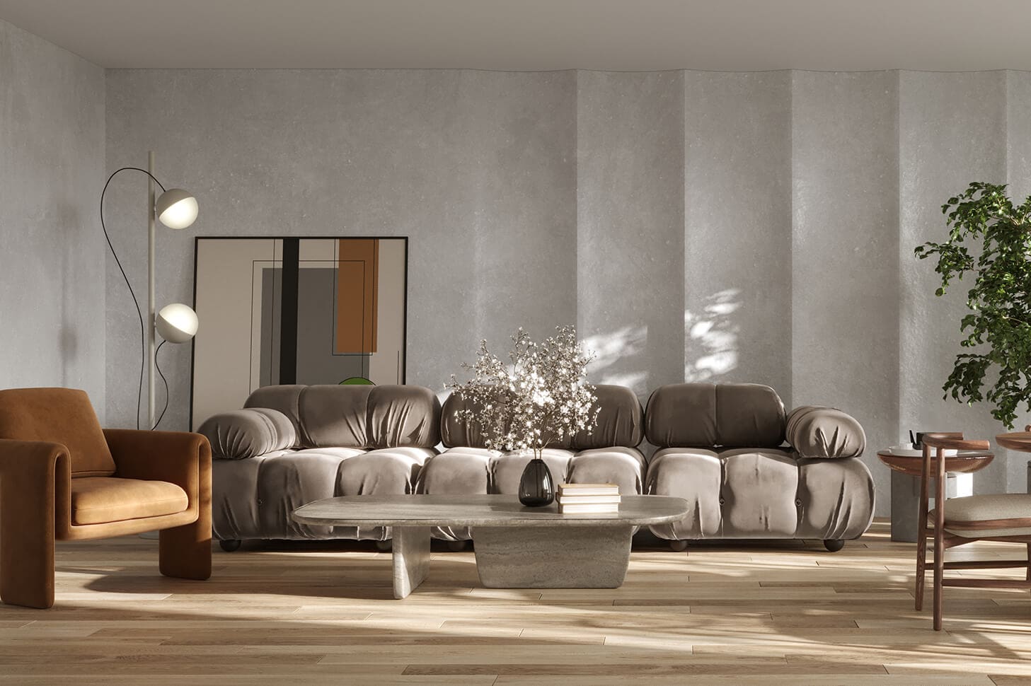 Modern living room with grey sofa and armchair.