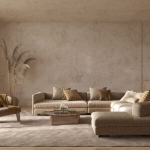 Beige sectional sofa in minimalist living room.
