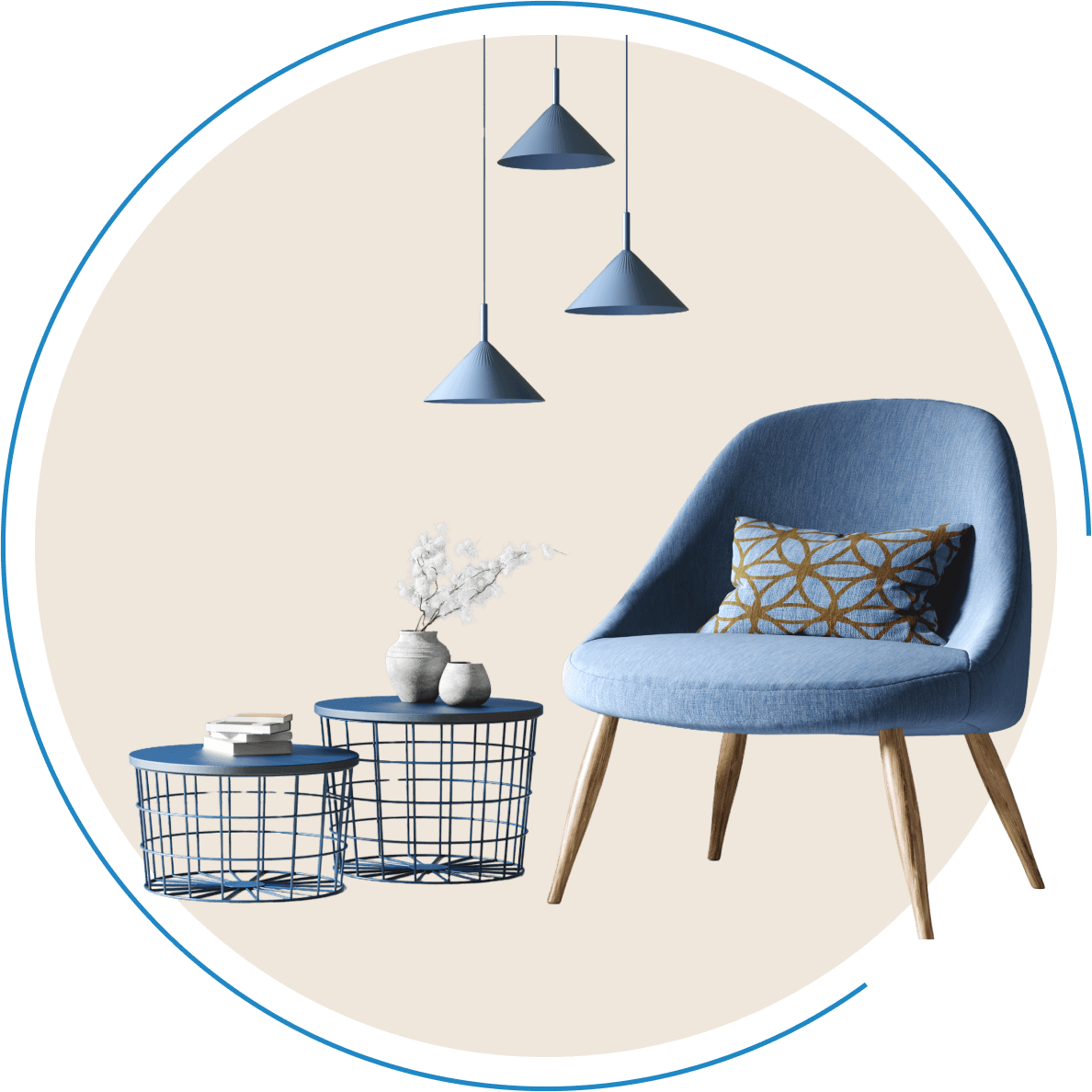 Blue chair, side tables, and pendant lights.