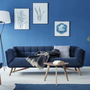 Blue living room with blue sofa and art.