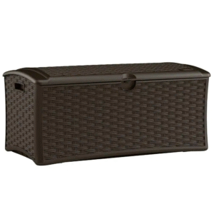 Rectangular dark brown outdoor storage box with woven pattern.