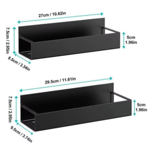 Two black metal wall shelves with dimensions labeled in centimeters and inches.