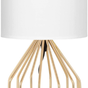 Modern table lamp with a white shade and gold geometric base.